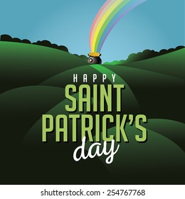 Happy Saint Patricks Day hills and pot of gold EPS 10 vector royalty free stock illustration for greeting card, ad, promotion, poster, flier, blog, article