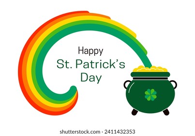 Happy Saint Patrick's Day holiday background. Irish pot of gold and rainbow. Flat vector illustration isolated on white background