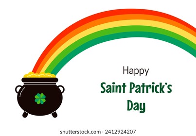 Happy Saint Patrick's Day holiday background. Irish pot of gold and rainbow. Flat vector illustration isolated on white background
