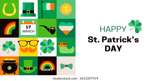 Happy Saint Patrick's Day holiday background. St. Patricks day festive banner template. Modern geometric style. Flat vector illustrations