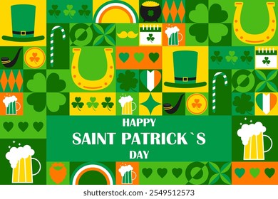 Happy Saint Patrick`s Day. Holiday banner design with modern geometric print. Vector illustration