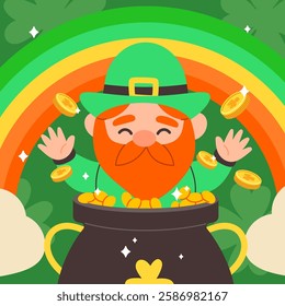 Happy Saint Patrick's day holiday card. Hand drawn collection of cute elements, rainbow, clover, leprechaun, pot of gold coin, beer. Irish holiday, flat vector