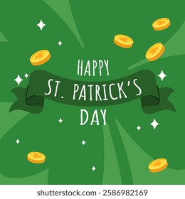 Happy Saint Patrick's day holiday card. Hand drawn collection of cute elements, rainbow, clover, leprechaun, pot of gold coin, beer. Irish holiday, flat vector