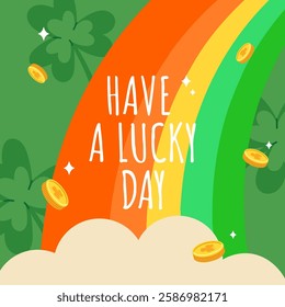 Happy Saint Patrick's day holiday card. Hand drawn collection of cute elements, rainbow, clover, leprechaun, pot of gold coin, beer. Irish holiday, flat vector