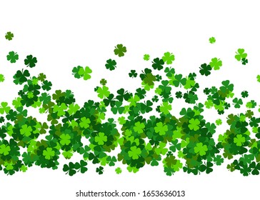 Happy Saint Patricks day horizontal seamless pattern background with shamrock ornament isolated on white. Frame border or backdrop vector illustration