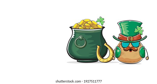 Happy Saint Patricks day horizontal banner with funky leprechaun potato character with green particks hat and Pot Full of Golden Coins isolated on white background. patricks day funky character