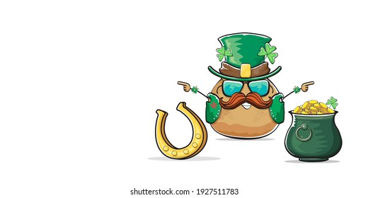 Happy Saint Patricks day horizontal banner with funky leprechaun potato character with green particks hat and Pot Full of Golden Coins isolated on white background. patricks day funky character