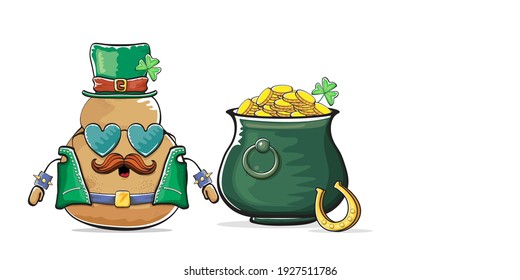 Happy Saint Patricks day horizontal banner with funky leprechaun potato character with green particks hat and Pot Full of Golden Coins isolated on white background. patricks day funky character