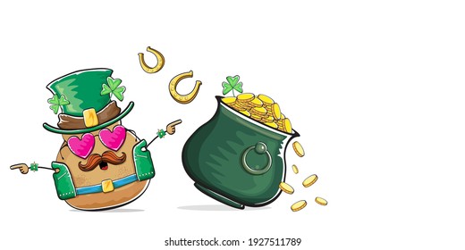 Happy Saint Patricks day horizontal banner with funky leprechaun potato character with green particks hat and Pot Full of Golden Coins isolated on white background. patricks day funky character