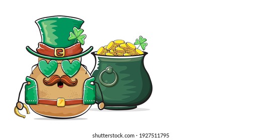 Happy Saint Patricks day horizontal banner with funky leprechaun potato character with green particks hat and Pot Full of Golden Coins isolated on white background. patricks day funky character