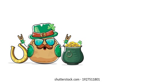Happy Saint Patricks day horizontal banner with funky leprechaun potato character with green particks hat and Pot Full of Golden Coins isolated on white background. patricks day funky character