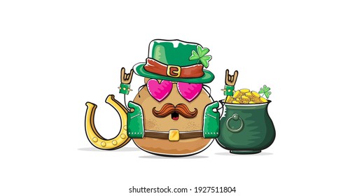 Happy Saint Patricks day horizontal banner with funky leprechaun potato character with green particks hat and Pot Full of Golden Coins isolated on white background. patricks day funky character