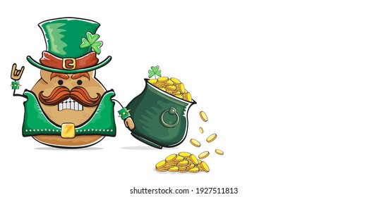 Happy Saint Patricks day horizontal banner with funky leprechaun potato character with green particks hat and Pot Full of Golden Coins isolated on white background. patricks day funky character