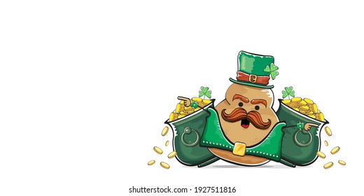 Happy Saint Patricks day horizontal banner with funky leprechaun potato character with green particks hat and Pot Full of Golden Coins isolated on white background. patricks day funky character