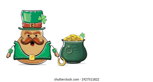 Happy Saint Patricks day horizontal banner with funky leprechaun potato character with green particks hat and Pot Full of Golden Coins isolated on white background. patricks day funky character