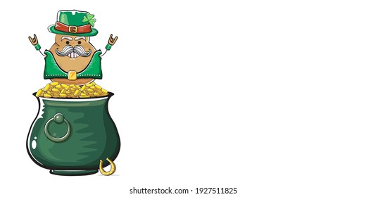 Happy Saint Patricks day horizontal banner with funky leprechaun potato character with green particks hat and Pot Full of Golden Coins isolated on white background. patricks day funky character