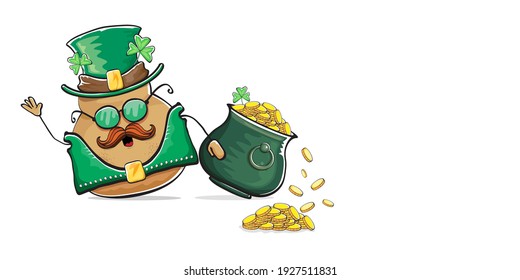Happy Saint Patricks day horizontal banner with funky leprechaun potato character with green particks hat and Pot Full of Golden Coins isolated on white background. patricks day funky character