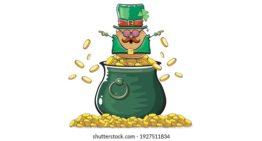 Happy Saint Patricks day horizontal banner with funky leprechaun potato character with green particks hat and Pot Full of Golden Coins isolated on white background. patricks day funky character