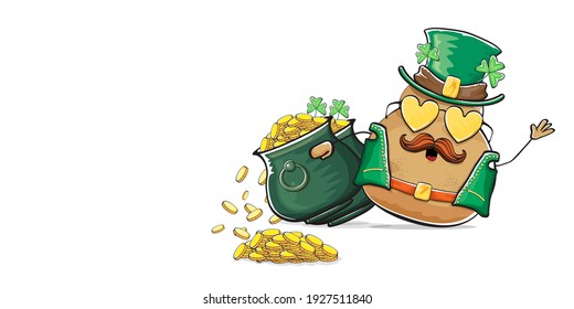 Happy Saint Patricks day horizontal banner with funky leprechaun potato character with green particks hat and Pot Full of Golden Coins isolated on white background. patricks day funky character