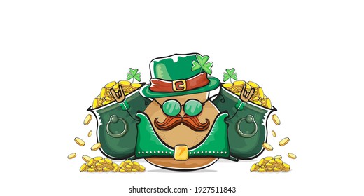 Happy Saint Patricks day horizontal banner with funky leprechaun potato character with green particks hat and Pot Full of Golden Coins isolated on white background. patricks day funky character