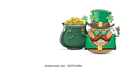 Happy Saint Patricks day horizontal banner with funky leprechaun potato character with green particks hat and Pot Full of Golden Coins isolated on white background. patricks day funky character