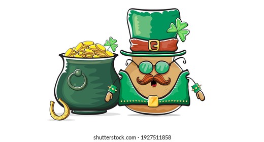 Happy Saint Patricks day horizontal banner with funky leprechaun potato character with green particks hat and Pot Full of Golden Coins isolated on white background. patricks day funky character