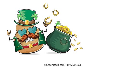Happy Saint Patricks day horizontal banner with funky leprechaun potato character with green particks hat and Pot Full of Golden Coins isolated on white background. patricks day funky character