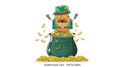 Happy Saint Patricks day horizontal banner with funky leprechaun potato character with green particks hat and Pot Full of Golden Coins isolated on white background. patricks day funky character