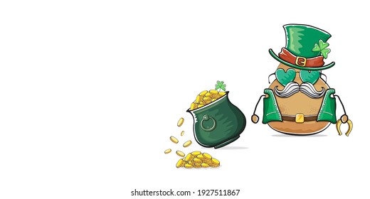 Happy Saint Patricks day horizontal banner with funky leprechaun potato character with green particks hat and Pot Full of Golden Coins isolated on white background. patricks day funky character