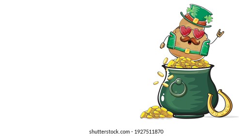 Happy Saint Patricks day horizontal banner with funky leprechaun potato character with green particks hat and Pot Full of Golden Coins isolated on white background. patricks day funky character