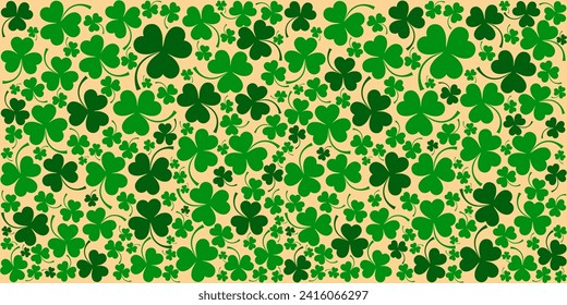 Happy Saint Patricks day horizontal seamless pattern background with shamrock ornament.  Seamless Pattern background with three - leaved shamrocks St. Patrick's day holiday symbol. Irish symbols.