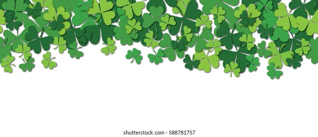 Happy Saint Patrick's day horizontal seamless pattern background with shamrock isolated on white. Vector illustration.