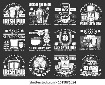 Iconos del Día de los Patrocinadores Felices. Bandera de Irlanda vectorial, señal de cerveza verde irlandesa y Saint Patrick con trébol de tres hojas de shamrock, arpa, tambor, herradura y cerveza de ale, leprechaun y bote de dinero