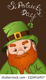 Happy Saint Patricks day illustration. Hand drawn Leprechaun cgaracter with green clover leaf. Vector illustration.