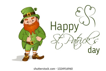 Happy Saint Patricks day illustration. Hand drawn Leprechaun cgaracter with green clover leaf. Vector illustration.