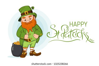 Happy Saint Patricks day illustration. Hand drawn Leprechaun cgaracter with green clover leaf. Vector illustration.