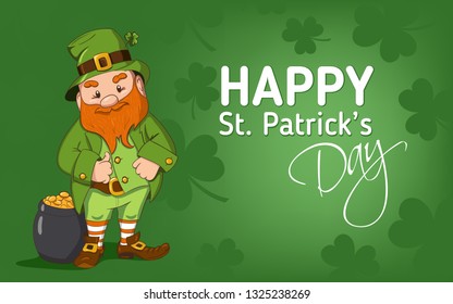 Happy Saint Patricks day illustration. Hand drawn Leprechaun cgaracter with green clover leaf. Vector illustration.