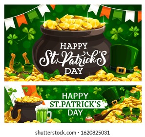 Happy Saint Patricks day, Irish holiday poster with leprechaun gold coins in cauldron on green shamrock background. Vector Ireland flags, cupcake and golden horseshoe with leprechaun hat