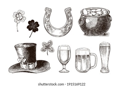 Happy Saint Patricks Day! Irish festival retro vintage decoration. Vector vintage hand drawn saint Patrick day. Vector collection of ink hand drawn illustrations for St. Patrick's day. Vintage set 