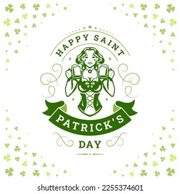 Happy Saint Patrick's Day Irish pub bar woman with beer vintage greeting card typographic template vector illustration. Celtic alcohol beverage culture holiday celebrate green clover shamrock ribbon