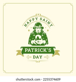 Happy Saint Patrick's Day Irish leprechaun with beer vintage greeting card typographic template vector flat illustration. Celtic pub bar culture holiday celebration classic green clover fortune design