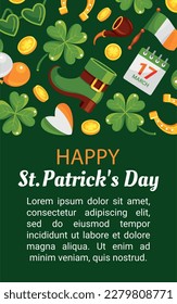 Happy Saint Patrick's Day Irish holiday green greeting poster design template isometric vector illustration. Celtic traditional beer festival lucky clover coin leprechaun boot horseshoe smoking pipe
