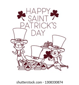 happy saint patricks day label with leprechauns character