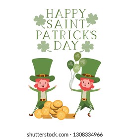 happy saint patricks day label with leprechauns character