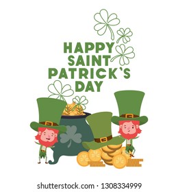 happy saint patricks day label with leprechauns character