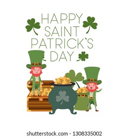 happy saint patricks day label with leprechauns character