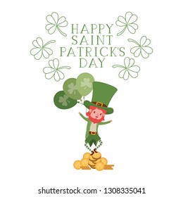 happy saint patricks day label with leprechaun character