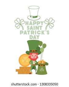happy saint patricks day label with leprechaun character