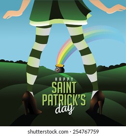 Happy Saint Patricks Day legs hills and pot of gold EPS 10 vector royalty free stock illustration for greeting card, ad, promotion, poster, flier, blog, article