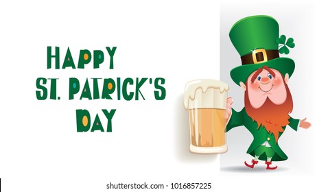 Happy Saint Patrick's Day. The Leprechaun is toasted with beer mug next to textual signboard.Vector illustration for holiday greeting.